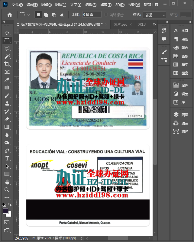 哥斯达黎加驾照PSD模板,Costa Rican driver's license
